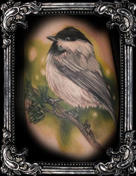Jodie Wentz - chickadee tattoo in painterly realism style